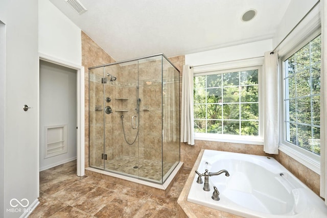 8909 Carnation Dr, Noblesville, IN 46060 - full bath featuring a bath, a stall shower, and lofted ceiling