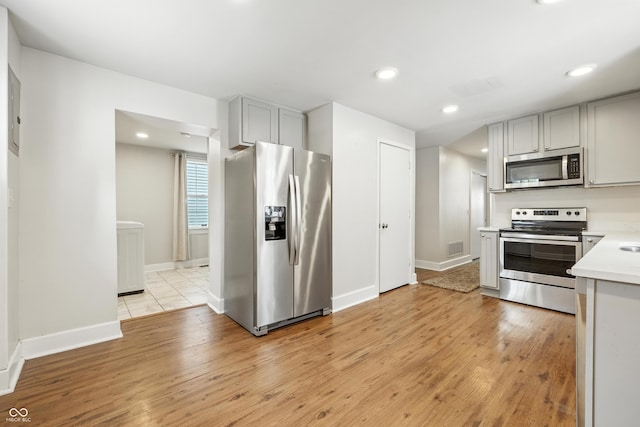 1151 S Randolph St, Indianapolis, IN 46203 - kitchen with stainless steel appliances, light wood-style flooring, light countertops, recessed lighting, and gray cabinets