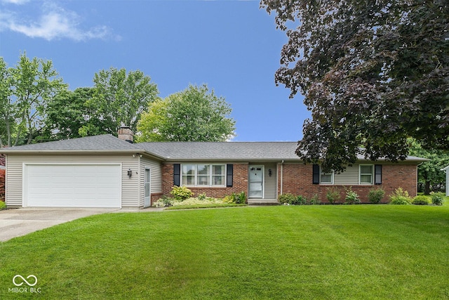 3620 Winter St, Lafayette, IN 47909 - ranch-style house with a garage, concrete driveway, a front yard, brick siding, and a chimney