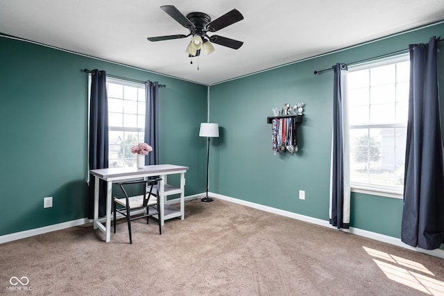 6176 Brighton Dr, Whitestown, IN 46075 - carpeted home office with baseboards and a ceiling fan
