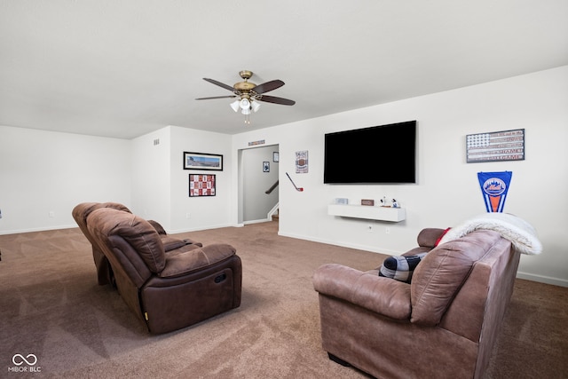 6176 Brighton Dr, Whitestown, IN 46075 - carpeted living area featuring a ceiling fan and stairway