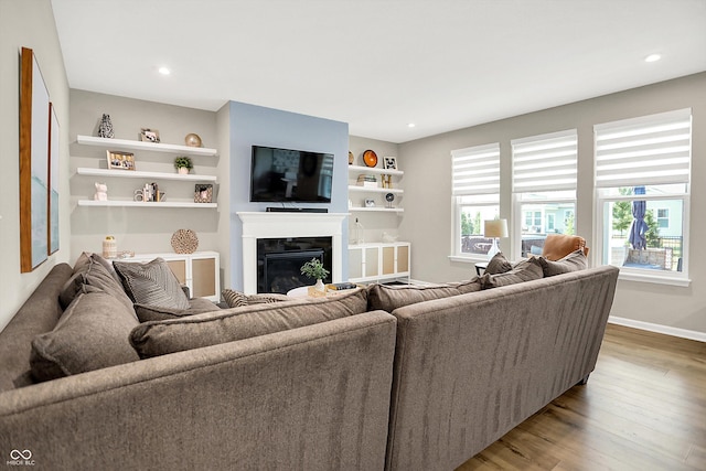 1319 Petit Verdot Dr, Westfield, IN 46074 - living room with wood finished floors, a glass covered fireplace, recessed lighting, and built in shelves