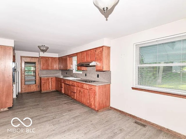 18378 Southeastern Pkwy, Fortville, IN 46040 - kitchen featuring under cabinet range hood, light wood finished floors, decorative backsplash, light countertops, and brown cabinets