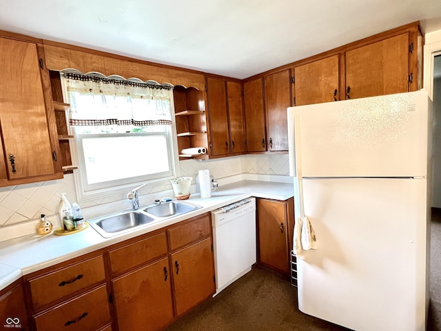 4096 N 200 W, Greenfield, IN 46140 - kitchen with white appliances, open shelves, tasteful backsplash, and brown cabinetry