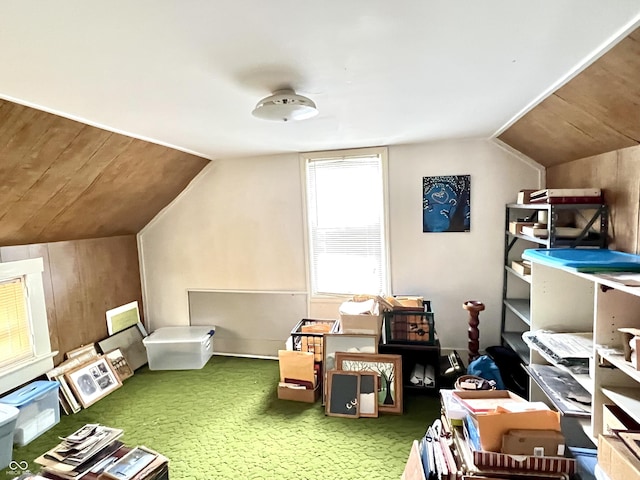4096 N 200 W, Greenfield, IN 46140 - additional living space with vaulted ceiling, carpet flooring, and wood ceiling