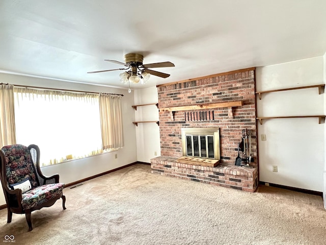 4096 N 200 W, Greenfield, IN 46140 - unfurnished living room featuring carpet flooring, a brick fireplace, and ceiling fan