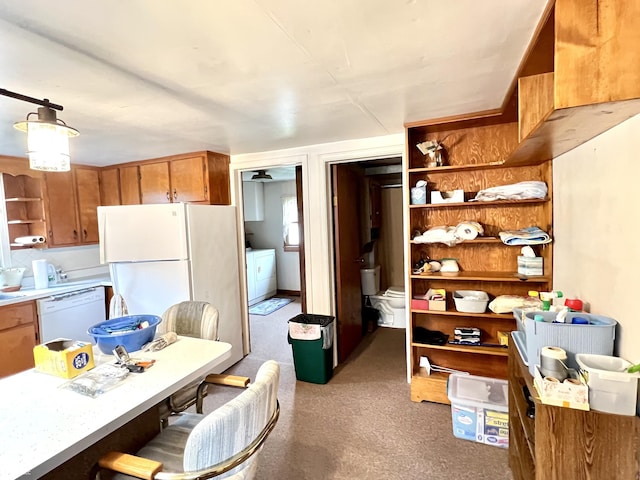 4096 N 200 W, Greenfield, IN 46140 - kitchen featuring white appliances, open shelves, washer / clothes dryer, light colored carpet, and brown cabinets
