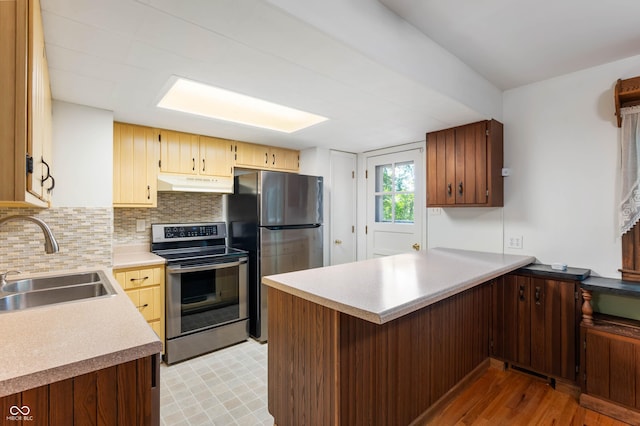 3669 Glenwood Dr, Martinsville, IN 46151 - kitchen with under cabinet range hood, stainless steel appliances, a peninsula, light countertops, and tasteful backsplash