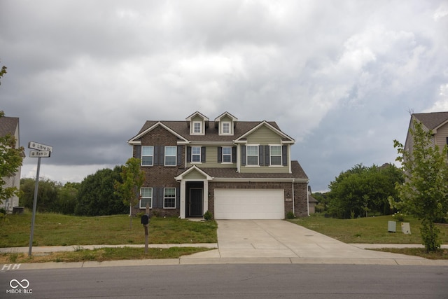 907 Ram Dr, Franklin, IN 46131 - view of front of home with concrete driveway, an attached garage, brick siding, and a front lawn