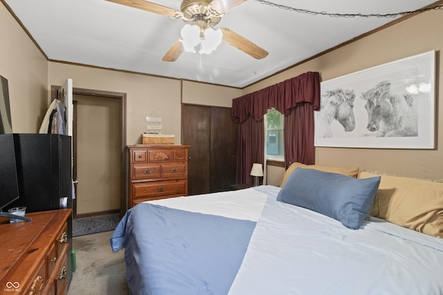 3534 Carr Ave, Indianapolis, IN 46221 - bedroom featuring carpet flooring, ornamental molding, and ceiling fan