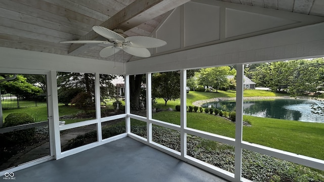 2083 Kerns Ct, Carmel, IN 46280 - unfurnished sunroom featuring a ceiling fan, a water view, and vaulted ceiling
