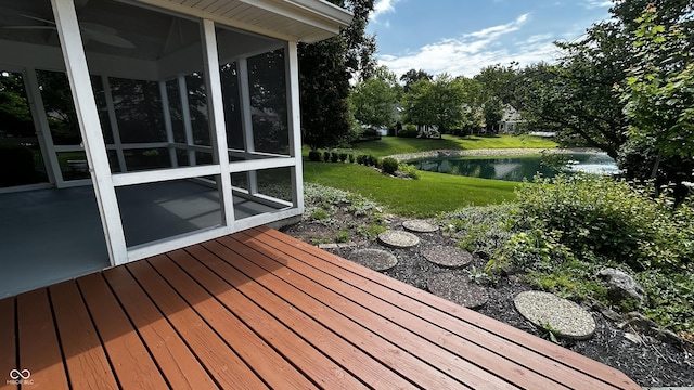 2083 Kerns Ct, Carmel, IN 46280 - wooden terrace featuring a sunroom, a lawn, and a water view
