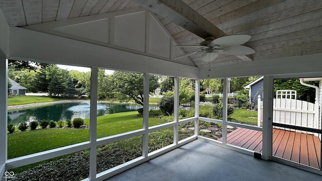 2083 Kerns Ct, Carmel, IN 46280 - unfurnished sunroom featuring a water view, ceiling fan, and plenty of natural light