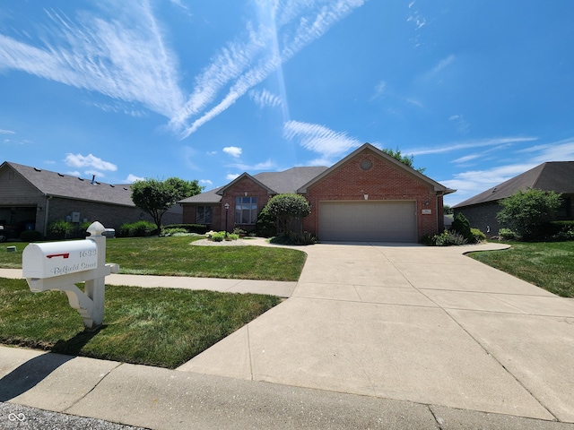 1633 Belfield St, Indianapolis, IN 46217 - single story home with a garage, driveway, brick siding, and a front yard