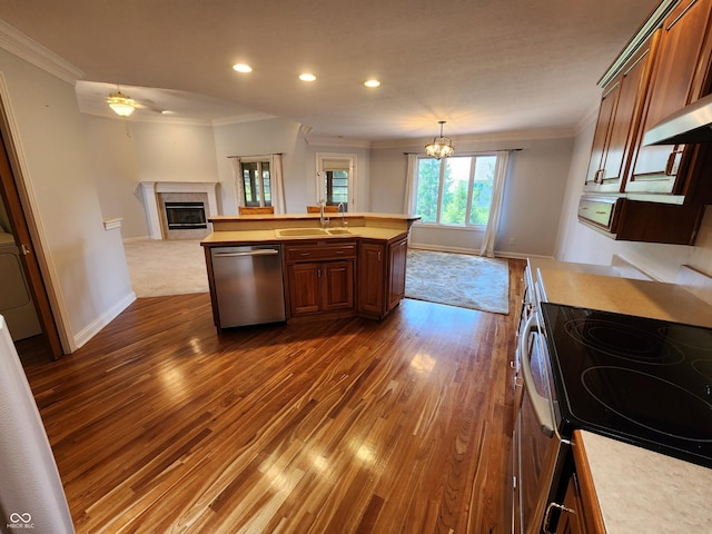1633 Belfield St, Indianapolis, IN 46217 - kitchen featuring stainless steel appliances, ornamental molding, dark wood finished floors, light countertops, and a glass covered fireplace