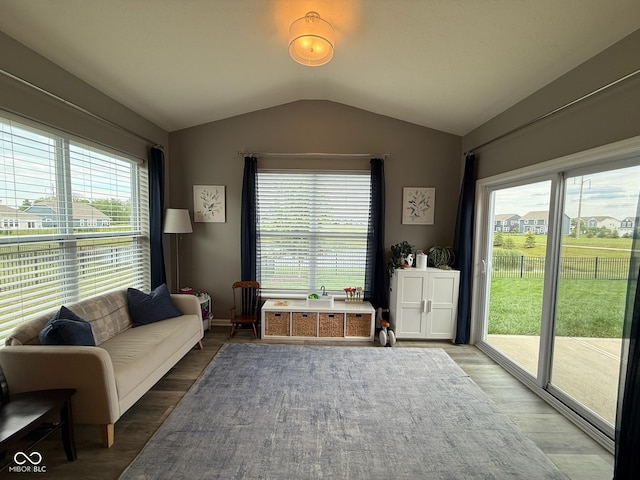 19280 Scofield Ridge Blvd, Westfield, IN 46062 - living room featuring lofted ceiling, plenty of natural light, and wood finished floors