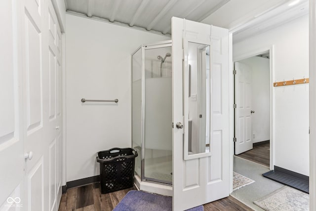 26735 Six Points Rd, Sheridan, IN 46069 - bathroom with a shower stall and wood finished floors
