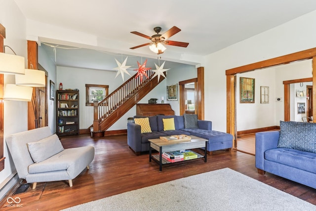 26735 Six Points Rd, Sheridan, IN 46069 - living room with stairway, wood finished floors, and a ceiling fan