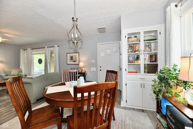 1336 N Butler Ave, Indianapolis, IN 46219 - dining room featuring light wood-style flooring, a chandelier, a textured ceiling, and ceiling fan