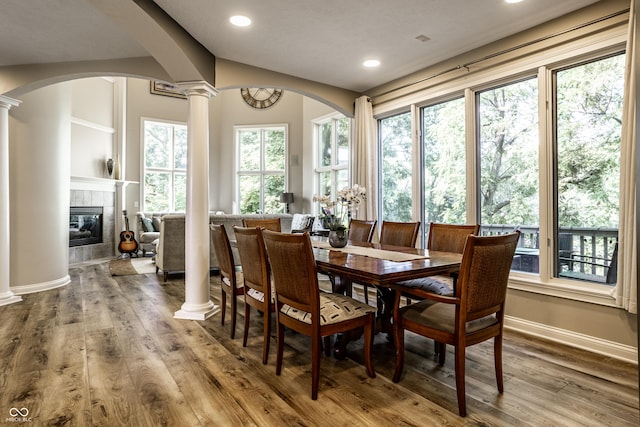 295 Watershed Ct, Noblesville, IN 46062 - dining room with ornate columns, wood finished floors, a fireplace, arched walkways, and recessed lighting