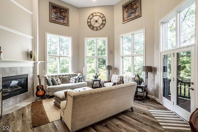 295 Watershed Ct, Noblesville, IN 46062 - living area featuring a towering ceiling, a tiled fireplace, wood finished floors, and plenty of natural light