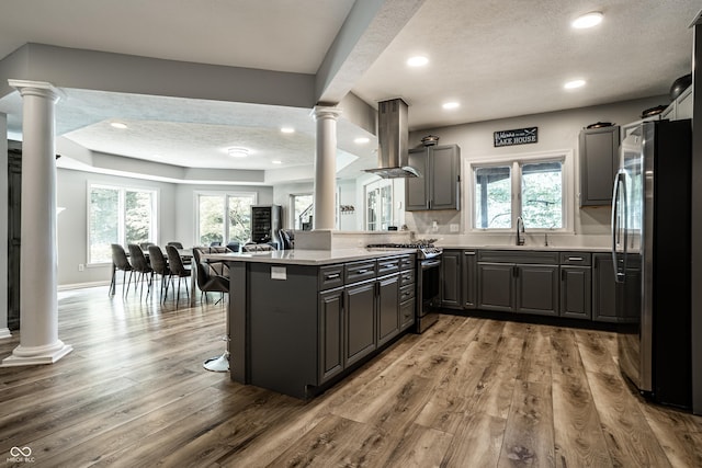 295 Watershed Ct, Noblesville, IN 46062 - kitchen with ornate columns, extractor fan, stainless steel appliances, gray cabinetry, and recessed lighting
