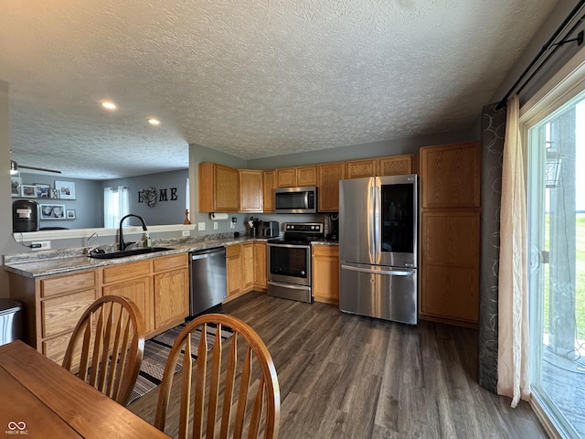 1406 Bigleaf Cir, Sheridan, IN 46069 - kitchen featuring appliances with stainless steel finishes, a textured ceiling, dark wood finished floors, recessed lighting, and a peninsula