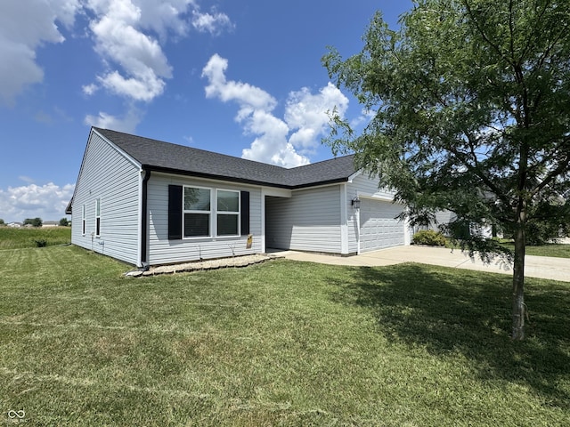 1406 Bigleaf Cir, Sheridan, IN 46069 - ranch-style house featuring a garage, a front lawn, concrete driveway, and roof with shingles