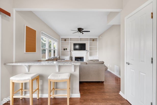 8642 Ray Cir, Indianapolis, IN 46256 - living room with a ceiling fan, a glass covered fireplace, dark wood-style floors, and built in shelves