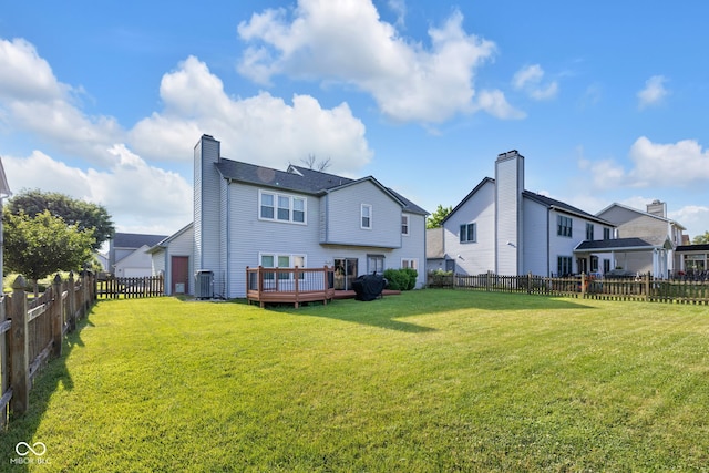 8642 Ray Cir, Indianapolis, IN 46256 - rear view of house featuring a deck, a fenced backyard, and a chimney