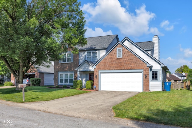 8642 Ray Cir, Indianapolis, IN 46256 - traditional-style house featuring brick siding, a front yard, a garage, concrete driveway, and a chimney
