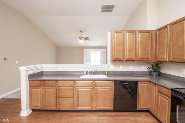 6448 W Whiteside Ct, Greenfield, IN 46140 - kitchen featuring black appliances, lofted ceiling, dark countertops, a ceiling fan, and light wood-style floors