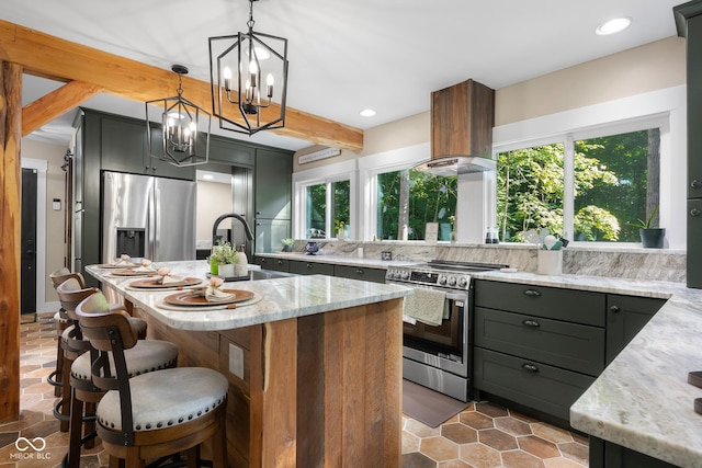 2350 E County Road 20 N, North Vernon, IN 47265 - kitchen with appliances with stainless steel finishes, light stone countertops, range hood, plenty of natural light, and recessed lighting