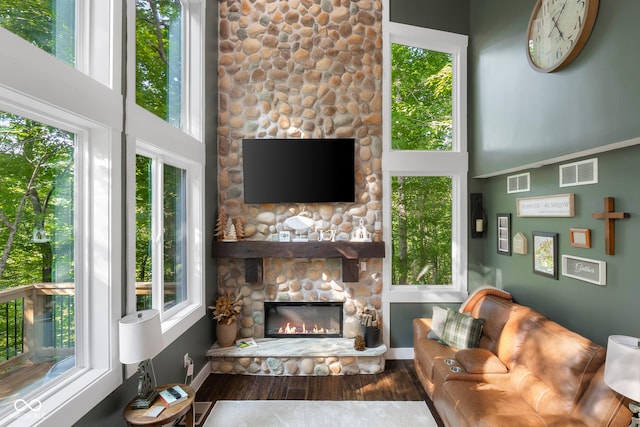 2350 E County Road 20 N, North Vernon, IN 47265 - living room featuring wood finished floors, a fireplace, and a towering ceiling