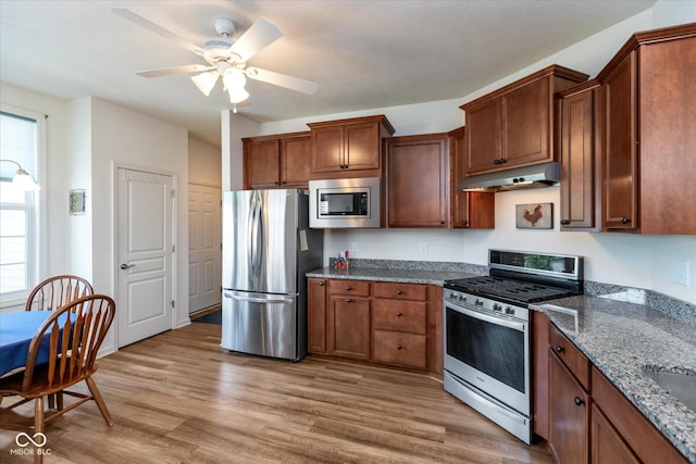 4905 Lilium Dr, Plainfield, IN 46168 - kitchen with appliances with stainless steel finishes, under cabinet range hood, light wood finished floors, dark stone countertops, and ceiling fan