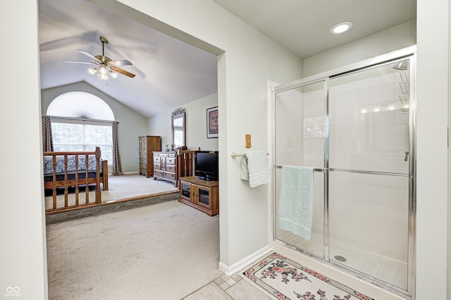 6813 Bluffgrove Dr, Indianapolis, IN 46278 - bathroom featuring a ceiling fan, a stall shower, and lofted ceiling