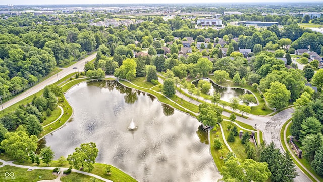 6813 Bluffgrove Dr, Indianapolis, IN 46278 - aerial overview of property's location featuring a nearby body of water and a tree filled landscape