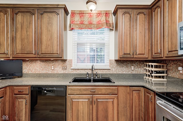 6813 Bluffgrove Dr, Indianapolis, IN 46278 - kitchen with dishwasher, tasteful backsplash, stainless steel electric stove, and brown cabinets