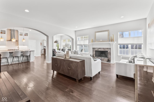 10795 Creekbed Cir, Fishers, IN 46038 - living area with arched walkways, recessed lighting, dark wood-style flooring, and a fireplace