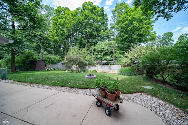 7224 N Tuxedo St, Indianapolis, IN 46240 - fenced backyard with an outdoor fire pit, a patio area, a storage unit, and view of scattered trees