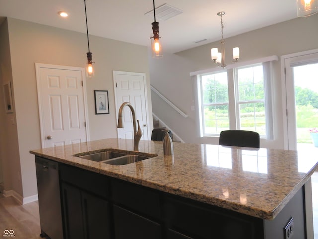 2272 Trefoil Dr, Plainfield, IN 46168 - kitchen featuring dishwasher, an island with sink, healthy amount of natural light, hanging light fixtures, and recessed lighting