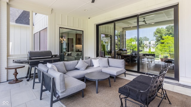 12022 Otto Ln, Carmel, IN 46032 - view of patio with an outdoor hangout area, a ceiling fan, and a grill