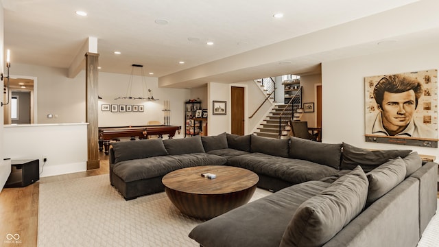 12022 Otto Ln, Carmel, IN 46032 - living room with recessed lighting, stairway, pool table, and light wood-type flooring