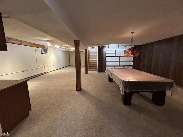 4675 N Riverside Dr, Columbus, IN 47203 - playroom with carpet flooring, wood walls, billiards, and track lighting