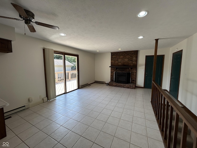 4675 N Riverside Dr, Columbus, IN 47203 - unfurnished living room with a baseboard radiator, light tile patterned floors, recessed lighting, a ceiling fan, and a brick fireplace