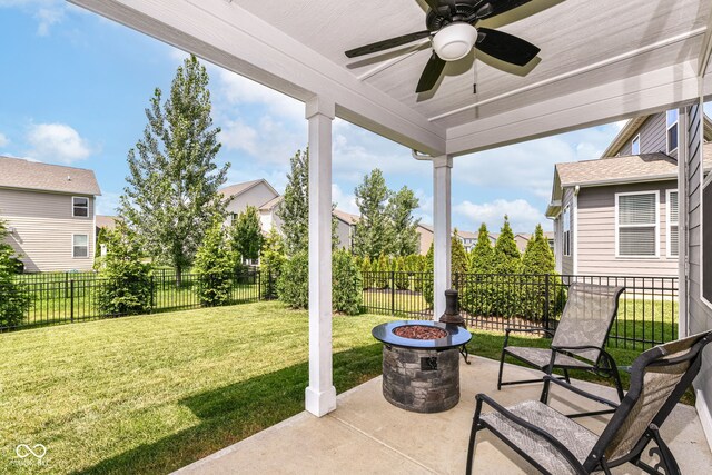 16502 Dominion Dr, Fishers, IN 46040 - fenced backyard featuring an outdoor fire pit, a ceiling fan, a patio, and a residential view