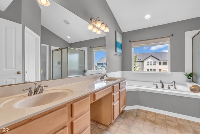 7830 Cross Crk, Avon, IN 46123 - full bathroom with lofted ceiling, a shower stall, double vanity, a bath, and recessed lighting