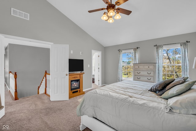 7830 Cross Crk, Avon, IN 46123 - bedroom with carpet floors, high vaulted ceiling, and ceiling fan