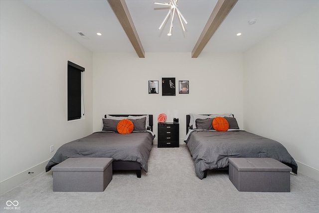 1269 Chatham Rdg Ct, Westfield, IN 46074 - bedroom featuring light colored carpet, beamed ceiling, a ceiling fan, and recessed lighting