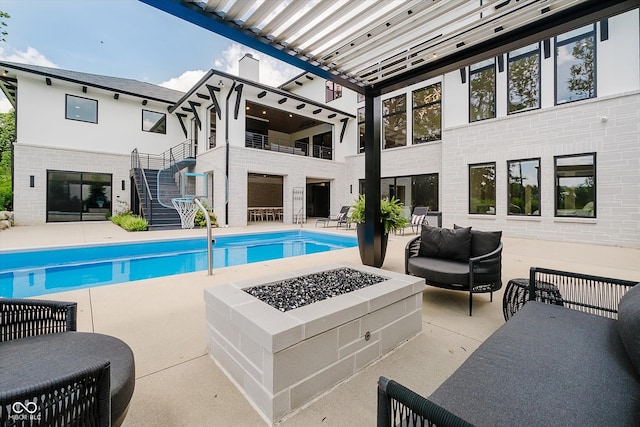 1269 Chatham Rdg Ct, Westfield, IN 46074 - outdoor pool featuring stairway, a patio, and an outdoor living space with a fire pit